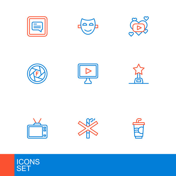 设线纸玻璃与水，禁止吸烟，复古电视，电影奖杯，相机快门，在线播放视频，浪漫电影和喜剧戏剧面具图标。向量图片下载
