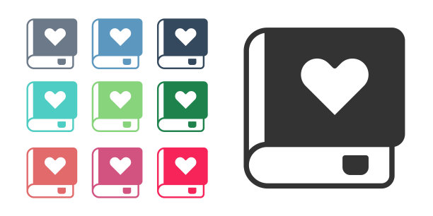 黑色浪漫书图标孤立在白色背景。设置图标彩色。向量图片下载