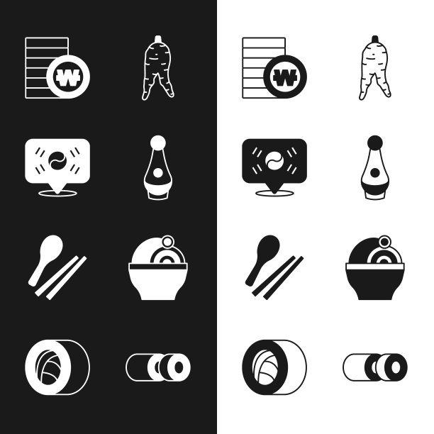 设置烧酒瓶，地点韩国，韩元硬币，人参根，食物筷子，拉面，寿司和图标。向量图片下载