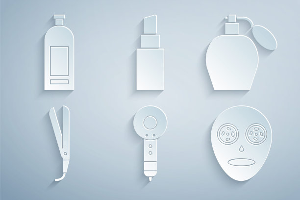集吹风机，香水，卷发器，面部美容面膜，口红和一瓶洗发水图标。向量图片下载