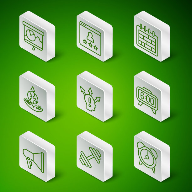 设置线闹钟，哑铃，黑板与图表，项目团队基地，世界扩展，客户产品评级，扩音器和数字报警图标。向量图片下载