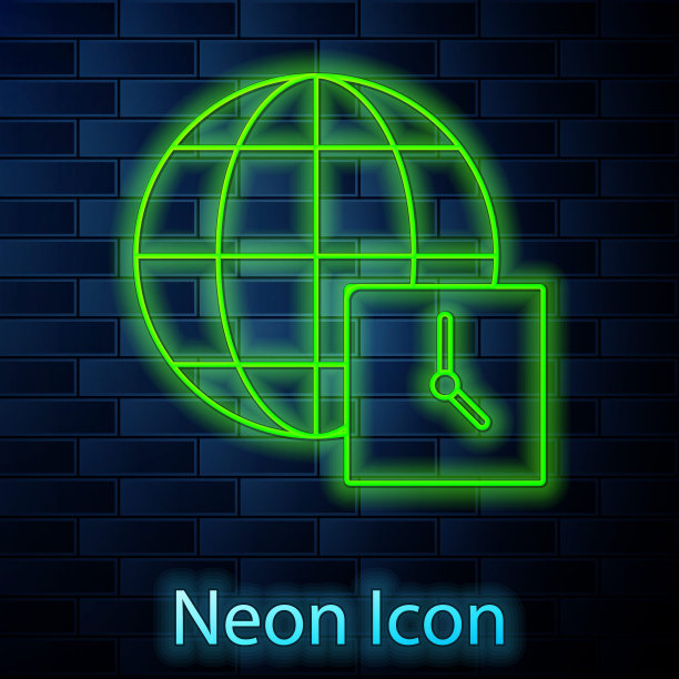 发光的霓虹灯线世界时间图标孤立的砖墙背景。时钟和地球仪。向量图片下载