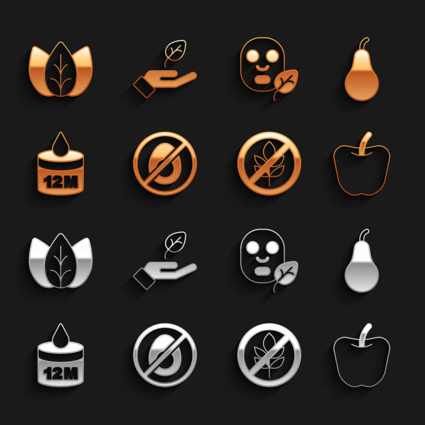 集无肉，梨，苹果，无麸质谷物，有机化妆品，面膜，叶子或叶子和植物的手图标。向量图片下载