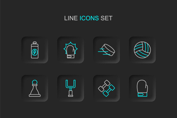 集线拳击手套，哑铃，美式足球门柱，国际象棋，排球，冰球，拳击手套和健身震动器图标。向量图片下载