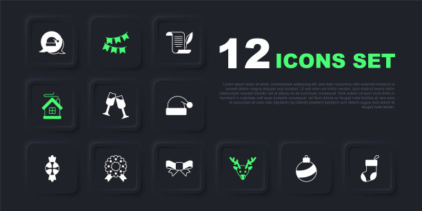 圣诞球、长袜、香槟酒杯、驯鹿、节日房屋、花环、嘉年华彩带和礼品蝴蝶结矢量素材图片下载