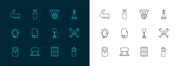 集线国际象棋，鞍马，沙袋，足球场，拳击手套，奖牌，健美运动员显示他的肌肉和图标。向量图片下载