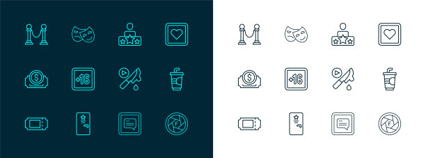 集线喜欢的心，后台，惊悚电影，视频与字幕，加上16，演员明星，绳障碍和喜剧和悲剧面具图标。向量图片下载