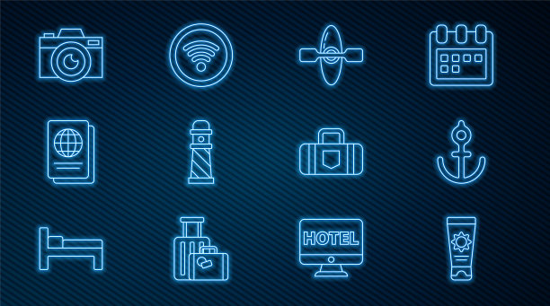 防晒乳在管，锚，皮艇独木舟，灯塔，护照，照相机，手提箱和Wi-Fi无线互联网图标。向量图片下载