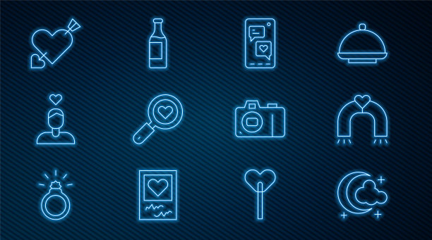 集线月亮和星星，爱的磁铁，移动与心，搜索爱，情侣，爱情箭头，照相机和酒瓶图标。向量图片下载