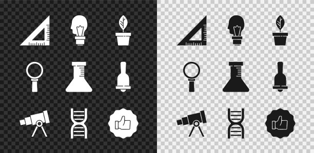 集三角形的尺子，灯泡与概念的想法，植物在锅，望远镜，DNA符号，手拇指向上，放大镜和试管烧瓶图标。向量图片下载