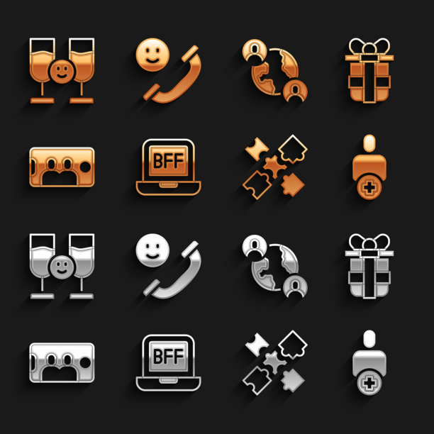 设置最好的朋友或最好的朋友永远，礼盒，添加到，拼图玩具，自拍在手机上，朋友喝酒和来电图标。向量图片下载