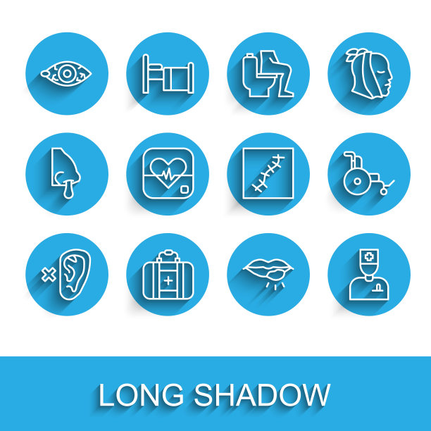 设置线聋人，急救箱，红眼睛，疱疹唇，男医生，心率，轮椅和疤痕与缝合图标。向量图片下载