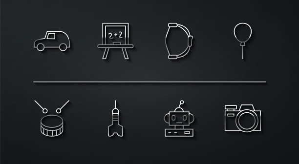 集线玩具车，鼓鼓棒，气球丝带，机器人玩具，飞镖箭头，黑板，照相机和弓图标。向量图片下载