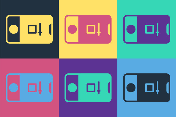 波普艺术手机与记录框相机图标孤立的彩色背景。移动应用程序。照片和视频拍摄。向量图片下载