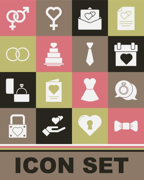 集领结，钻石订婚戒指，日历，贺卡，婚礼蛋糕与心脏，戒指，性别和领带图标。向量图片下载