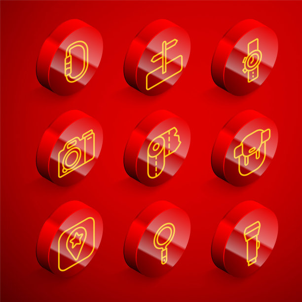 集线锁扣，道路交通标志，手表，照相机，纸巾卷，徒步旅行背包，露营和放大镜图标的位置。向量图片下载