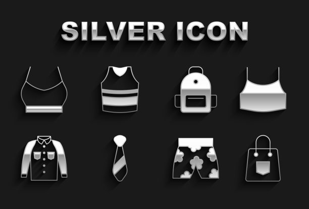 套装领带，女性露脐上衣，手提包，泳裤，衬衫，学校背包和汗衫图标。向量图片下载