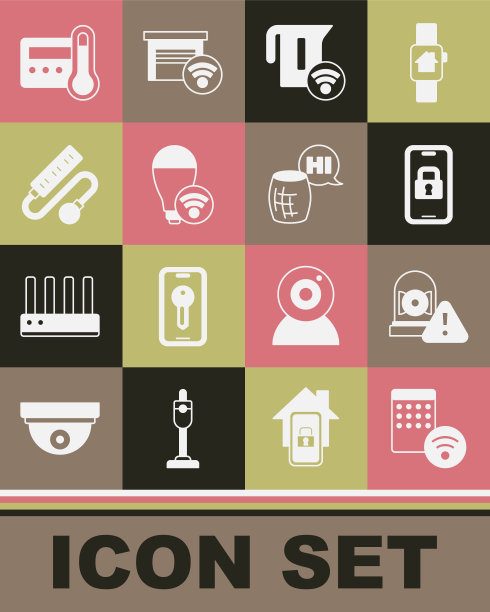 设置空气加湿器，响警铃，数字门锁，智能电水壶，灯泡，电延长线，恒温器和语音助手图标。向量图片下载