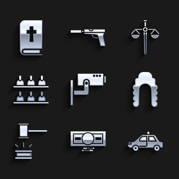 安全摄像头、成堆的纸币现金、警车和闪光灯、法官假发、法槌、陪审员、正义天平和圣经图标矢量素材图片下载