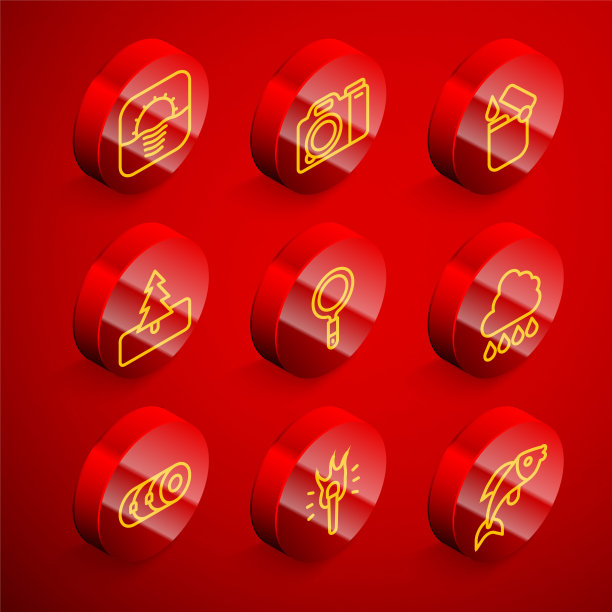 集线日出，照相机，打火机，树，放大镜，云与雨，毯子卷和火炬火焰图标。向量图片下载