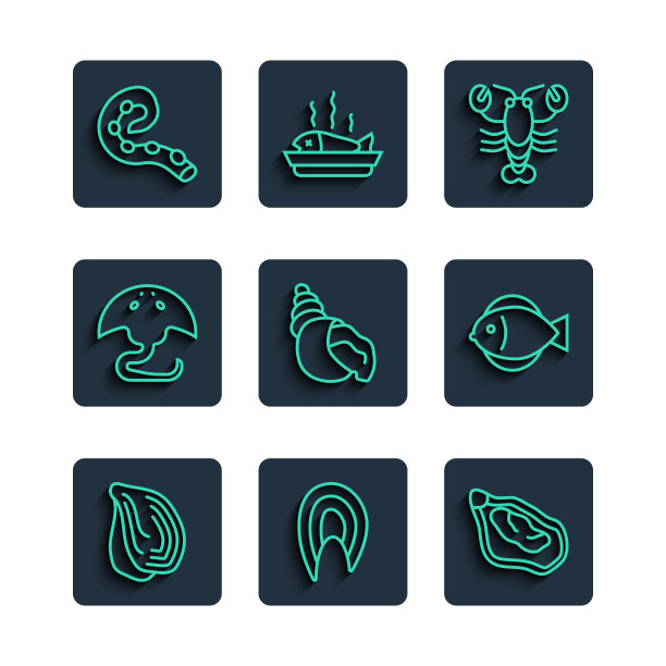 集线贻贝，鱼排，龙虾，扇贝海壳，黄貂鱼，章鱼的触手和图标。向量图片下载