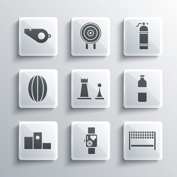 设置智能手表显示心率，丝带终点线，瓶装水，国际象棋，奖项超过体育冠军领奖台，橄榄球，哨子和aququalung图标。向量图片下载