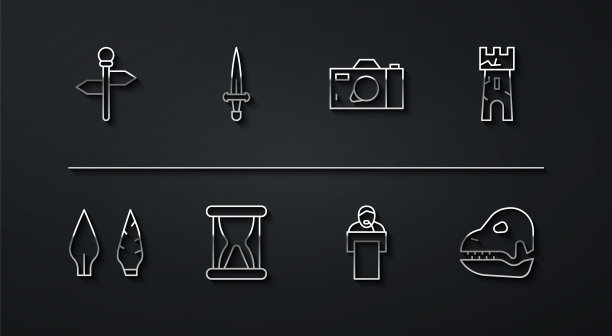 设置线路道路交通路标，石器时代箭头，城堡塔，演讲，旧沙漏与沙，匕首，恐龙头骨和照片相机图标。向量图片下载