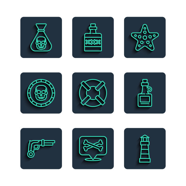 集线复古手枪，位置海盗，灯塔，海星，救生圈，海盗硬币，和酒精饮料朗姆酒图标。向量图片下载