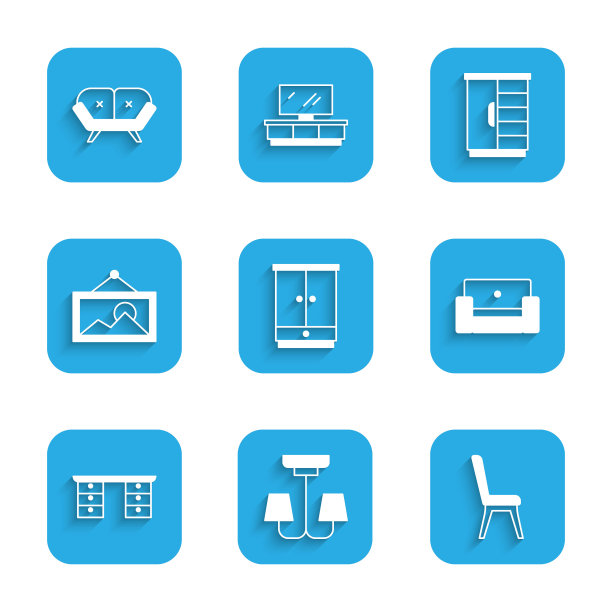 集衣柜，吊灯，椅子，扶手椅，办公桌，图片和沙发图标。向量图片下载