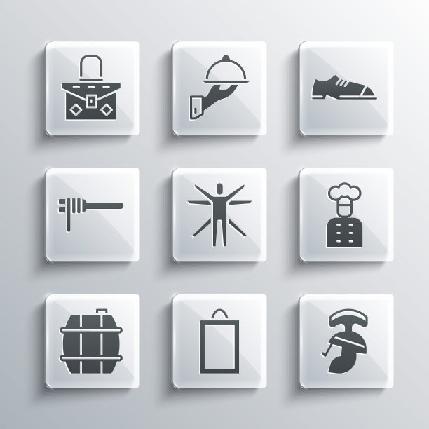 集图片，罗马军队头盔，意大利厨师，维特鲁威人，酒桶，意大利面意大利面，手提包和男人的鞋子图标。向量图片下载