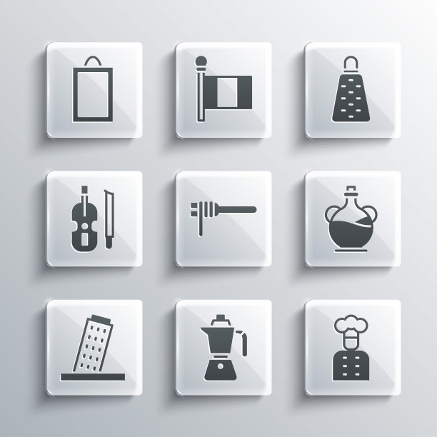 集咖啡摩卡壶，意大利厨师，瓶橄榄油，意大利面意大利面，塔在比萨，小提琴，图片和磨碎器图标。向量图片下载