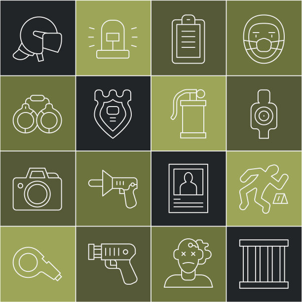 设置线监狱窗口，犯罪现场，人体目标运动射击，警察报告，徽章，手铐，头盔和烟雾弹图标。向量图片下载