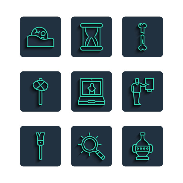 集线油漆刷，放大镜，古代双耳罐，人类骨折，在线博物馆，石器时代的锤子，头骨和博物馆指南图标。向量图片下载