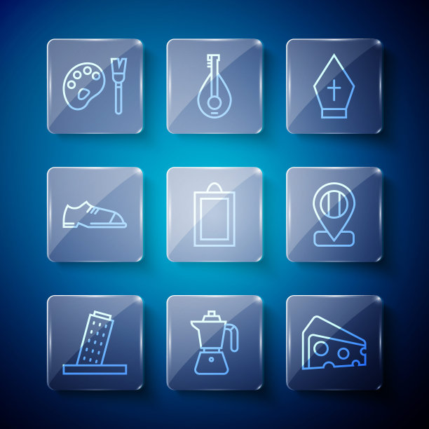 设置线塔在比萨，咖啡摩卡壶，奶酪，教皇帽子，图片，男人的鞋子，油漆刷调色板和位置旗帜意大利图标。向量图片下载