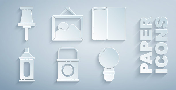 集油漆桶，纸巾卷，记号笔，灯泡，图片景观和推针图标。向量图片下载