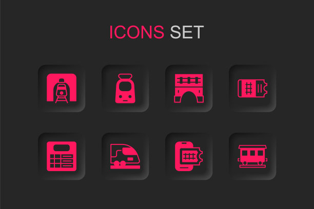 集高铁、火车及铁路、隧道、网上订票、客车、桥梁及车站公告牌图标。向量图片下载