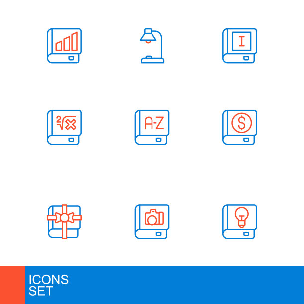 集线用户手册，相册画廊，书作为礼物，金融书，与数学，翻译，和台灯图标。向量图片下载