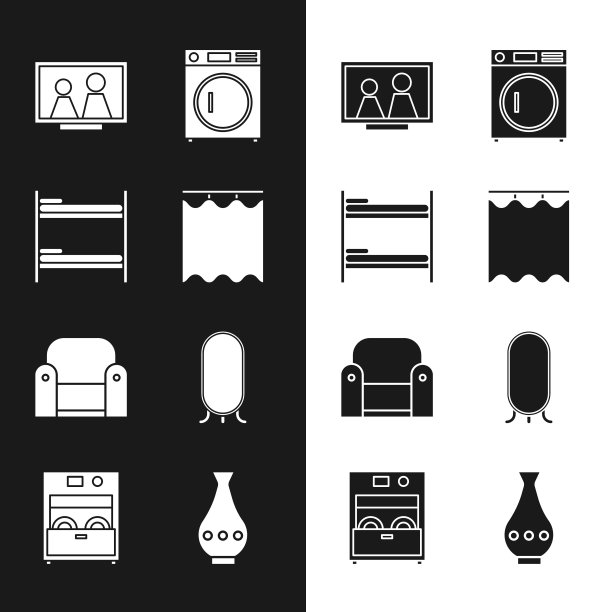 设置窗帘，双层床，桌子上的相框，洗衣机，扶手椅，大全长镜子，花瓶和厨房洗碗机机器图标。向量图片下载