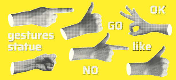 集雕像手半色调风格的拼贴设计。手指的手势表现为ok，和平，大拇指向上，指向物体，岩石，孤立在黄色背景上。当代现代艺术。矢量插图。图片下载