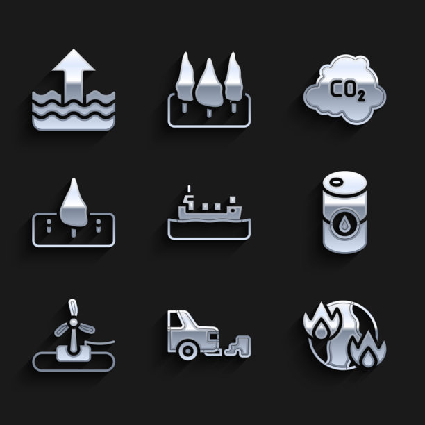 集油轮，汽车尾气，全球变暖火灾，桶油，风力涡轮机，森林砍伐，二氧化碳排放云和上升水位图标。向量图片下载