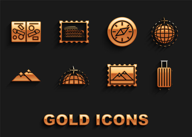 集地球与飞行飞机，行李箱旅行，邮政邮票和山脉，指南针，护照页签证邮票和体育馆图标。向量图片下载