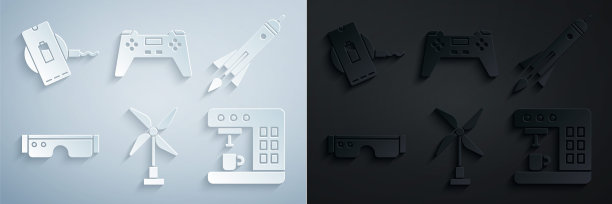 集风力涡轮机，火箭船与火，智能眼镜，咖啡机，手柄和无线充电器图标。向量图片下载