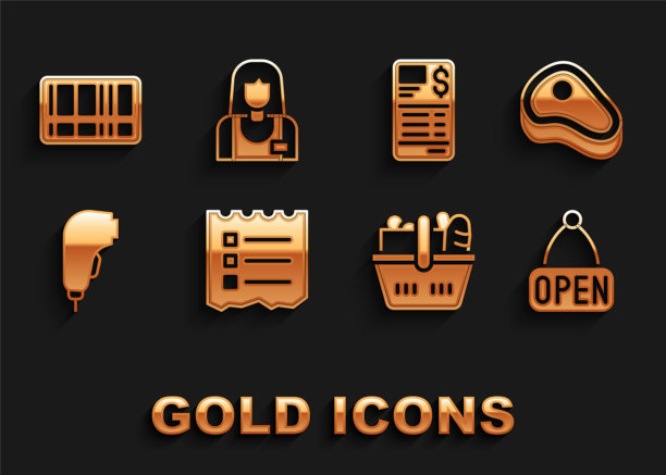 集购物清单，牛排肉，挂标志与打开，篮子和食品，扫描仪扫描条形码，纸或财务检查，条形码和卖家图标。向量图片下载