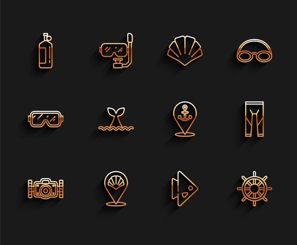 集线照片相机，扇贝海贝壳，水，鱼，船舶方向盘，鲸尾海浪，潜水服和位置锚图标。向量图片下载