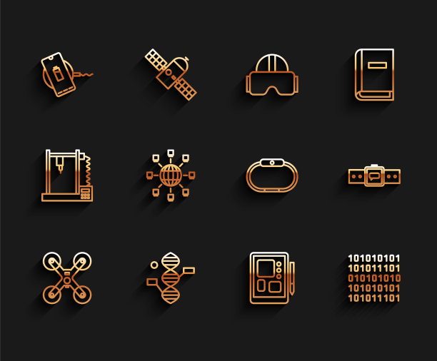 无人机飞行，DNA符号，无线充电器，平板电脑，二进制代码，社交网络，智能手表和图标。向量图片下载