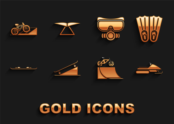 设置滑板在街道坡道，橡胶脚蹼游泳，雪地摩托，自行车，滑雪板，潜水面具，和悬挂滑翔机图标。向量图片下载