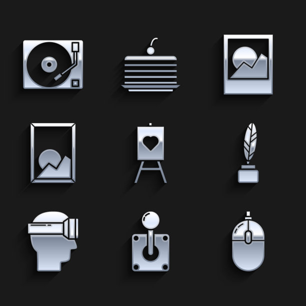 集木画架或绘画艺术板，电脑鼠标，羽毛和墨水瓶，虚拟现实眼镜，图片景观，相框和乙烯基播放器与乙烯基磁盘图标。向量图片下载