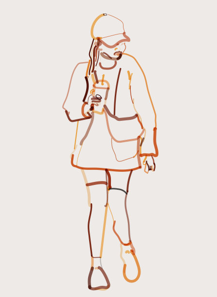 线条艺术色彩可爱的年轻女子饮料在步行水彩画肖像图案图片下载