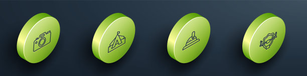 设置等距线照相机，旅游帐篷，猎人帽和鹿角上的盾牌图标。向量图片下载