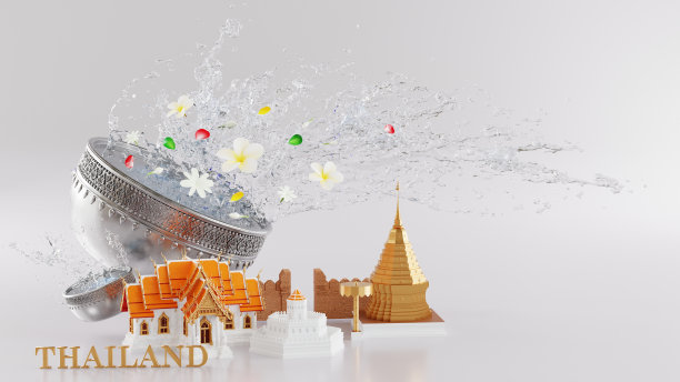 3d渲染插图背景为泼水节背景在泰国泼水节3d与蓝色的水飞溅，泰国建筑。(泰语:Songkran Thailand)图片下载